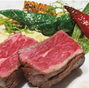 Roasted Matsusaka beef with red wine sauce flavored with Japanese pepper and roasted summer vegetables