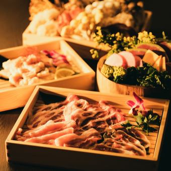 쇠고기+기리시마 돼지+오리와 10종의 버섯+야채 샤브샤브 코스 11품 포함 5500엔