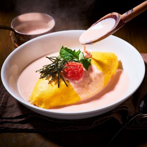 Hakata Mentaiko Cream Omelette Rice (Japanese-style Pilaf) / Charcoal-grilled Chicken and Spinach Cream Omelette Rice (Pilaf)