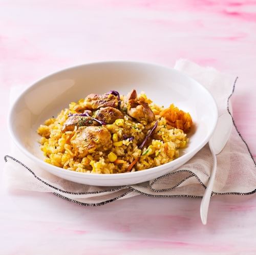 Charcoal grilled chicken with garlic butter pilaf