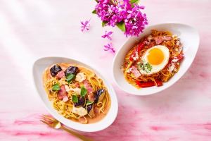 【토마토】 가지와 모짜렐라의 토마토 크림 (사진 왼쪽) / 베이컨 달걀 나폴리탄 (사진 오른쪽)