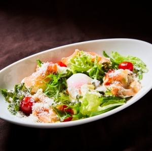 1: Please choose one dish from salad or cold appetizers. *The image shows Caesar salad with prosciutto and soft-boiled egg.