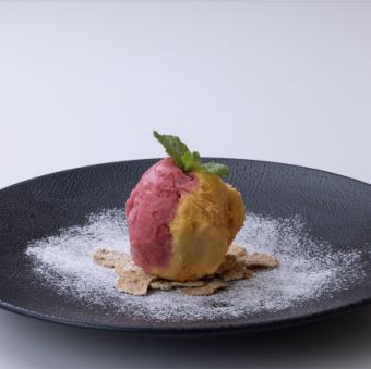 Two types of sorbet: raspberry and mango