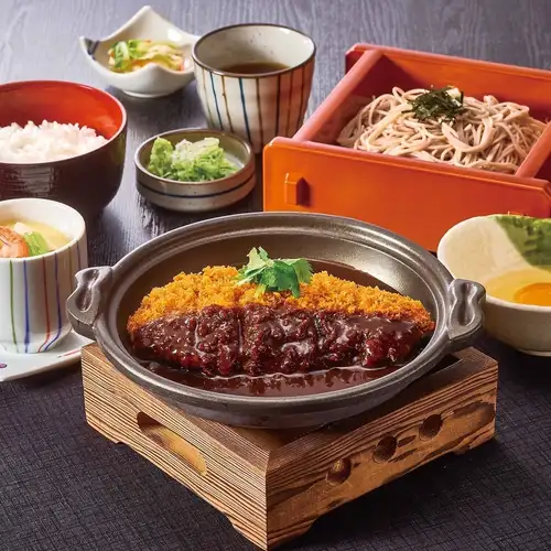 Miso pork cutlet hot pot set meal with a complimentary steamed egg custard.