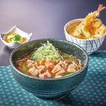 Beef offal soba and mini tempura rice bowl