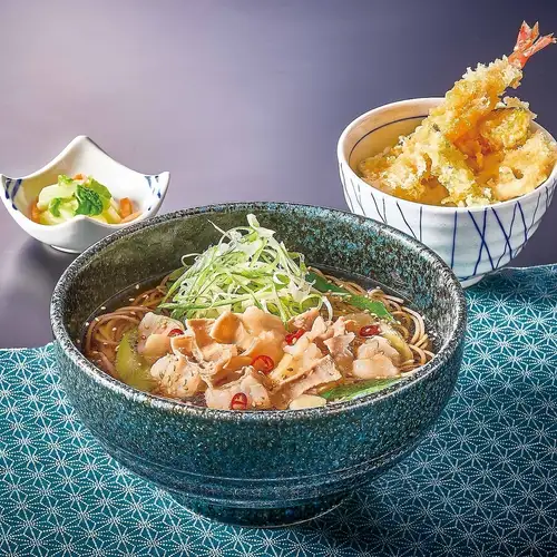 Beef offal soba and mini tempura rice bowl