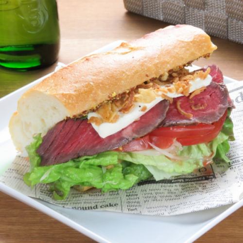 Roast beef and cream cheese baguette sandwich
