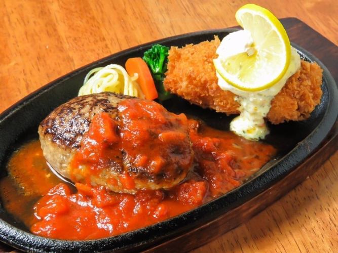 [Lunch] Hamburger & fried shrimp or crab cream croquette + drink included → 1200 yen