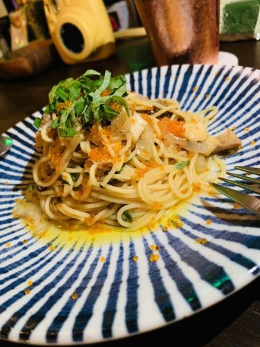 Japanese-style pasta with saury and perilla