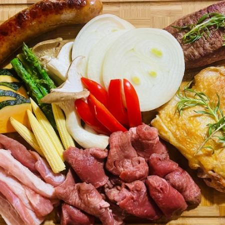 【テラスでBBQ】<飲み放題付き>6600円(税込)コース◆お肉4種類・ソーセージ・焼き野菜が楽しめる