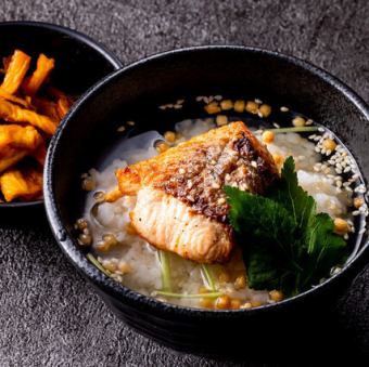 Ago dashi (flying fish broth) and seared salmon chazuke (rice with broth).
