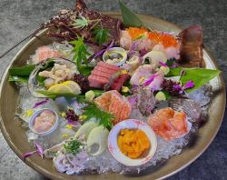 Large platter of seafood sashimi with spiny lobster