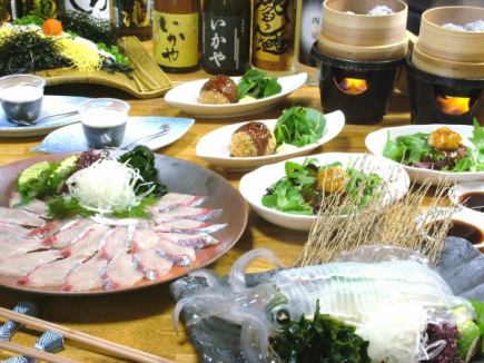 Live squid sashimi, squid ink shumai, Kawara soba noodles《Ikamanpuku course》6050 yen → 4730 yen