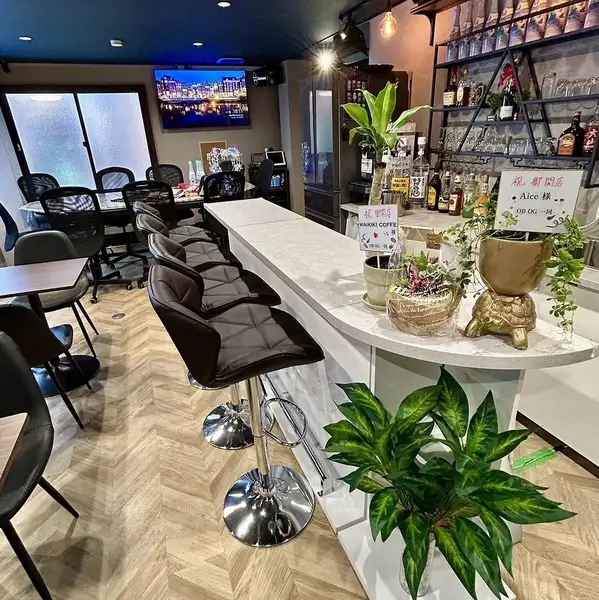 白を基調とした清潔感のあるカウンター席。お一人様でのサク飲みや、スタッフとの会話を楽しみたい方に最適です。バックシェルフには多彩なお酒が並び、観葉植物が心地よい空間を演出。奥のモニターではカラオケも楽しめます。アットホームな雰囲気で、初めての方も気軽に立ち寄れる特等席です。