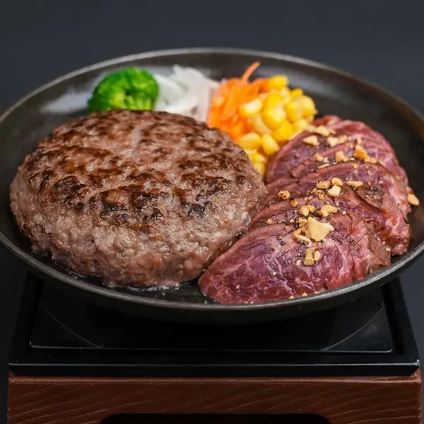 「とろけるハンバーグ」と「熟成ハラミステーキ」のコンボ！！結局大人気なのがコチラの最強な組み合わせ！