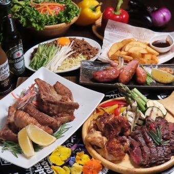 【夏季肉类套餐：极品】豪华肉类拼盘、海鲜盐柠檬炒面等10道菜品+无限畅饮，4500日元（含税）起♪
