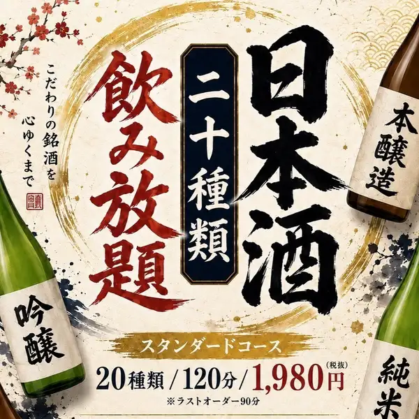 ショーケースに並ぶ全国各地の銘柄日本酒を自由に選べる「日本酒飲み放題」1,980円(税抜)が新登場!