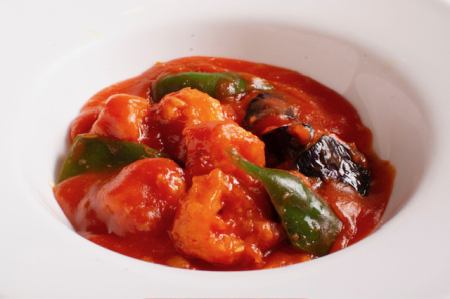 Seasonal vegetables and chili shrimp