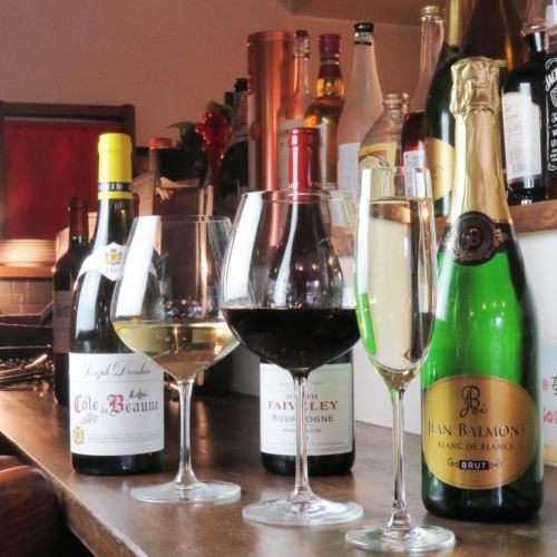 A variety of wines are available, including non-alcoholic options.