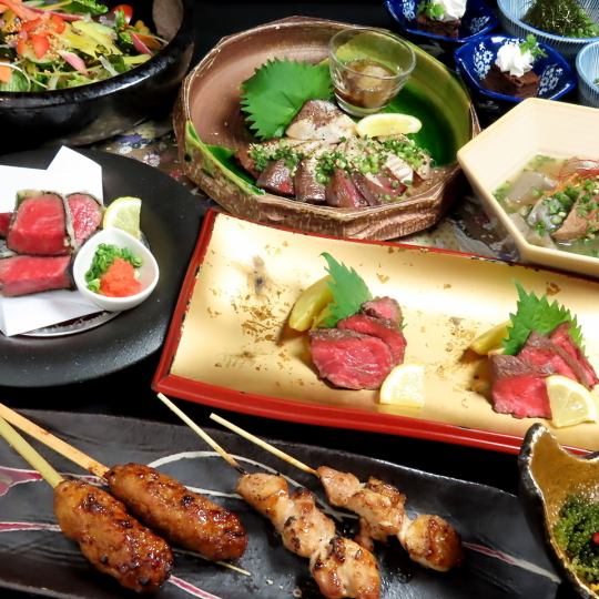 名牌和牛赤牛肉料理、串烧、天草鰤鱼鰤烧【一品套餐】共9道菜品5,000日元，含120分钟无限畅饮