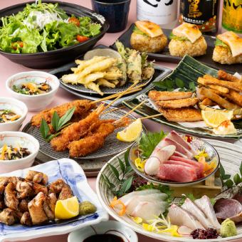 春季宴席 [Irodori]：包含 5 种刺身拼盘、炭烤鸡肉、银鱼天妇罗等，并提供轻松的 180 分钟无限畅饮选项。