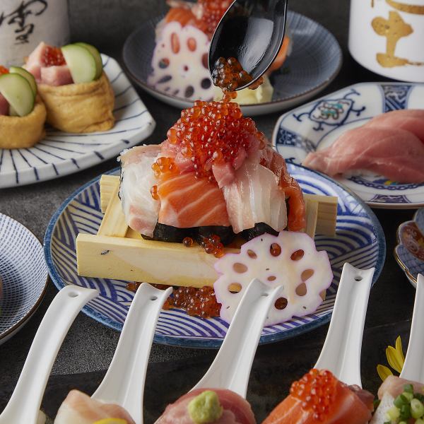 【NEW】贅沢！海鮮こぼれ寿司にれんげ寿司など絶品海鮮に自慢の地鶏を使った逸品を堪能◎