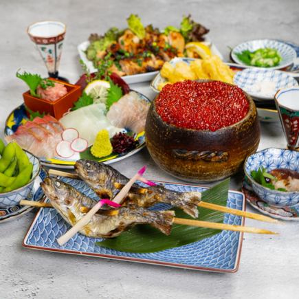 [Private Room Guaranteed] Enjoy the overflowing rice topped with salmon roe! [Takumi Course] 8 dishes and 3 hours of all-you-can-drink included.