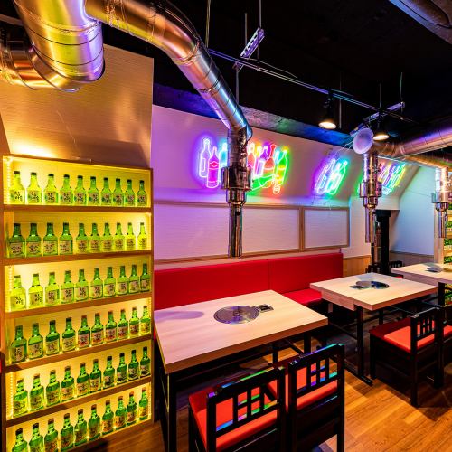 A pop interior with bright neon lights