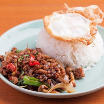 Stir-fried minced pork and holy basil (with rice and fried egg)