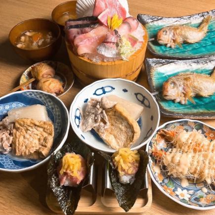 120分鐘無限暢飲套餐，包含烤香魚和各種清酒