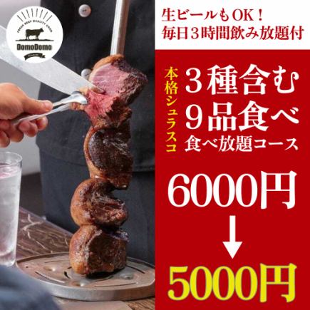 【生ビールOK！毎日3時間飲み放題付】本格シュラスコ3種含む9品食べ放題【6000円→5000円】