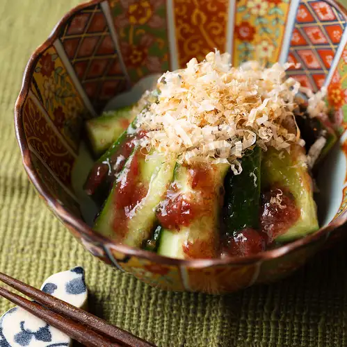 Smashed cucumber with pickled plum and bonito flakes