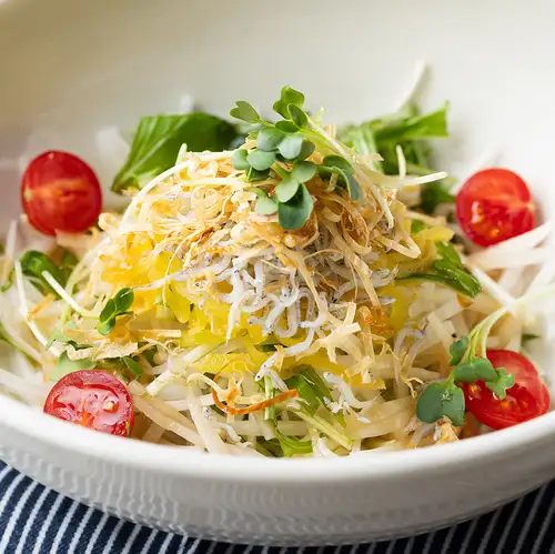 Japanese-style salad with whitebait, daikon radish, and Kyoto greens