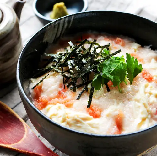 Fresh yuba (tofu skin) with mentaiko (spicy cod roe) and grated yam rice