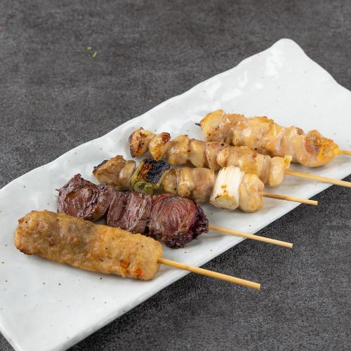 Assortment of five yakitori pieces