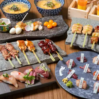 【5000円コース】大和肉鶏の鶏刺し10種に串焼き5種・お寿司、鶏白湯ゆず塩麺まで★ 《全9品》
