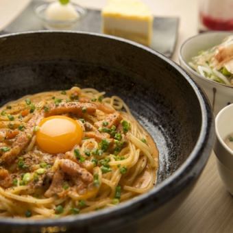 肉奶油培根蛋麵甜點套裝