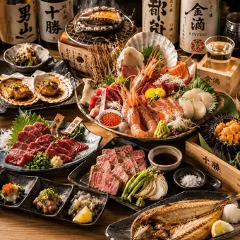個別盛り【特別コース】鮮魚5種盛りや鮑に焼き雲丹、羅臼産キンキ 9品 15,000円 3時間飲み放題