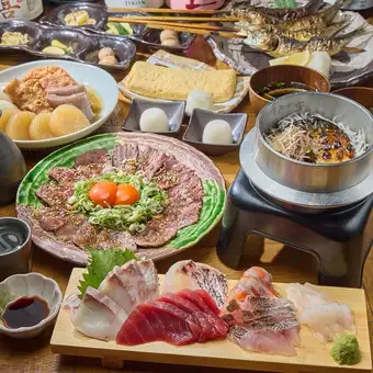 オープン記念!!豪華刺身5種盛り.おでん食べ放題.和牛イチボ藁焼きなど料理9品7500円→6000円
