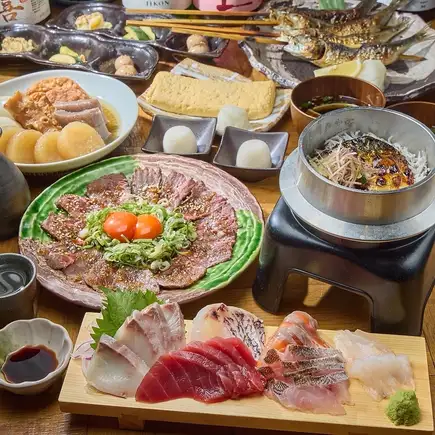 オープン記念!!豪華刺身5種盛り.おでん食べ放題.和牛イチボ藁焼きなど料理9品7500円→6000円