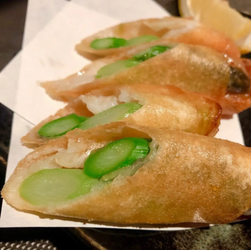 Hokkaido scallop and asparagus spring rolls