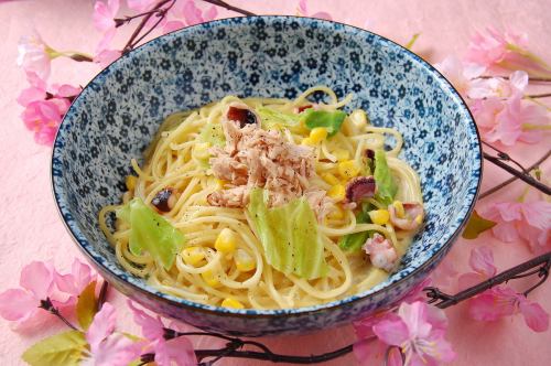 Spring cabbage and octopus cream soup pasta with anchovies