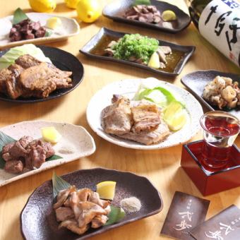 【Okkodori Omakase套餐】6,000日元，包含烤牡蠣、燒飯、內臟火鍋等12道菜（120分鐘無限暢飲）