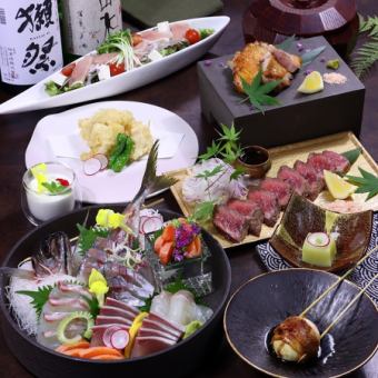 【豪华套餐6000日元、关竹荚鱼、汉字鸡、大分和牛、大树肥美金枪鱼串等】附2小时无限畅饮