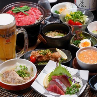 【烤牛肉陶瓷盘＆生鱼片套餐】生鱼片2种、前菜3种、purupuru茶碗蒸、仅食物4000日元（含税）