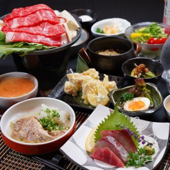 [Domestic beef sukiyaki & sashimi course] Chicken tempura, braised pork, chawanmushi, 2 hours all-you-can-drink 6,000 yen (tax included)