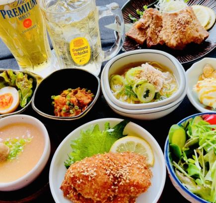 Sunday to Thursday only: 2 hours all-you-can-drink with Premium Malts & Kaku Highball included. Roast pork, cold shabu-shabu, sweet sauce cutlet, 2 hours all-you-can-drink for 4,000 yen (tax included)