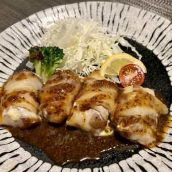 Oven-baked pork belly wrapped in yam and cheese with honey mustard sauce