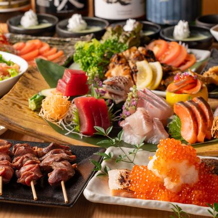 [3,500 yen (3,850 yen including tax) course] Authentic yakitori, seafood barra shirashi, and 7 other dishes + 2 hours all-you-can-drink beer