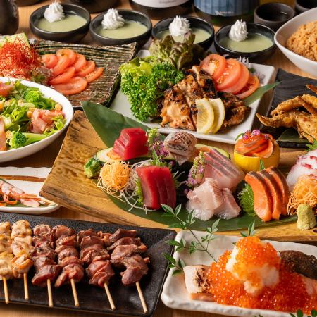 [2 hours all-you-can-drink included for 4,000 yen (4,400 yen including tax)] Authentic yakitori, sashimi, kakiage, and 8 other dishes + all-you-can-drink Asahi draft beer